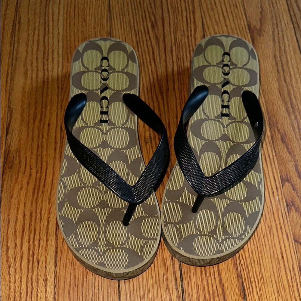 Coach Tan and Black Flip Flops